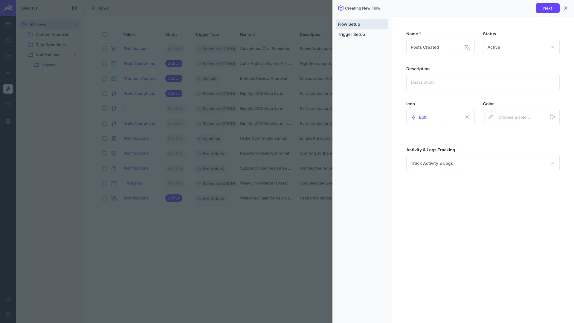 Create a new flow pane - including name, metadata, and option to track activity and logs.
