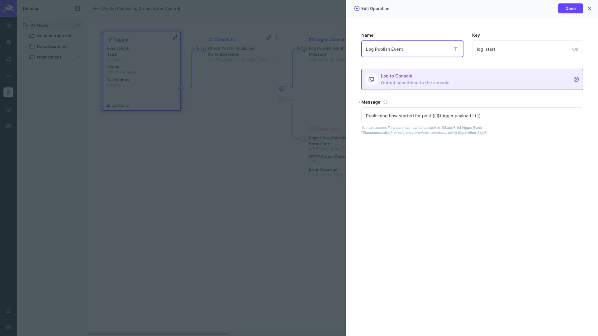 Log to Console operation configuration